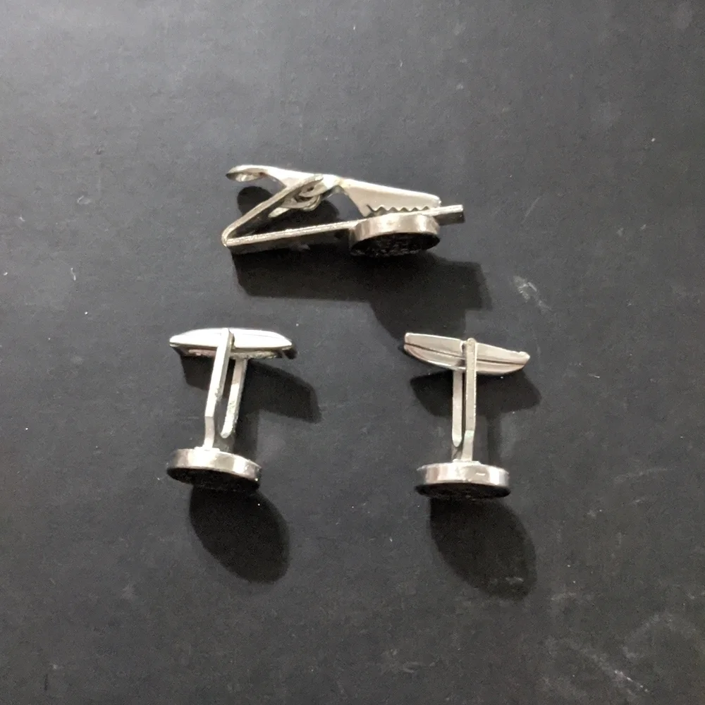 Silver Tone Black Crown Pattern Cuff Links and Tie Clip Set